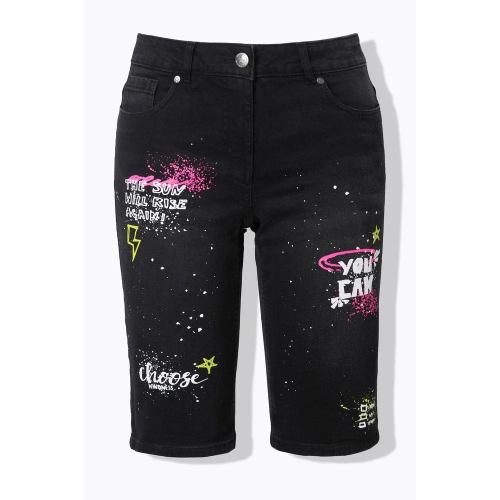NWT Angel of Style‎ Black Graffiti Print Denim Bermuda Shorts Size 26 X123